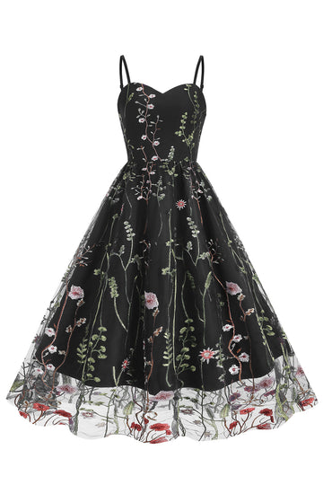 A Línea Negro 1950s Vestido Con Bordado